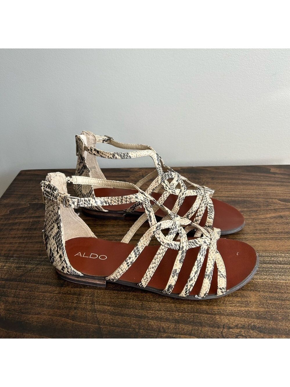 ALDO Snake Print Flat Sandals, Size 38.